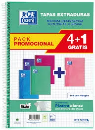 CUADERNO OXFORD WRITE AND ERASE PACK 4+1 TENDENCIA FO 80H CUADRO 4X4 EXTRADURA