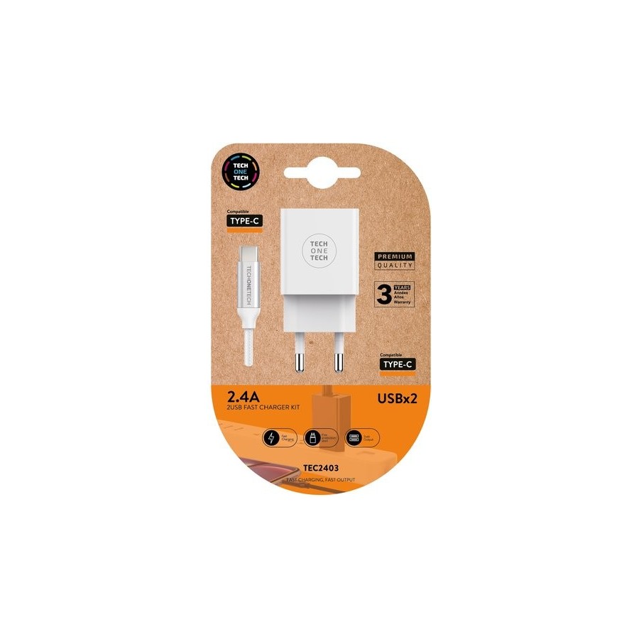 CARGADOR TECHONE DOBLE + CABLE USB-USB-C