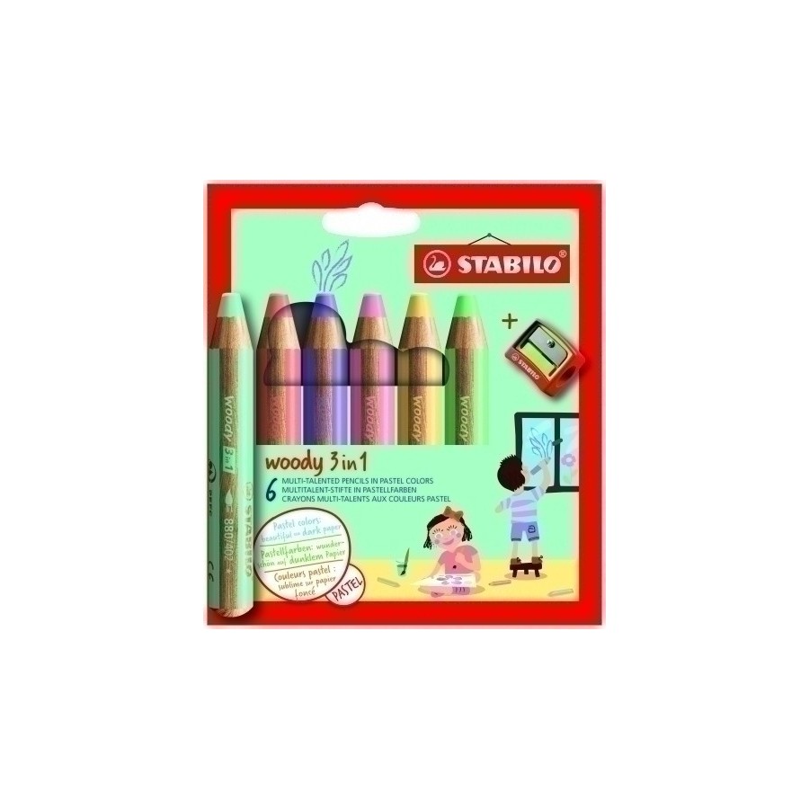LAPICES de COLORES STABILO WOODY 3 en 1 PASTEL ESTUCHE DE 6 (incluye sacapuntas)