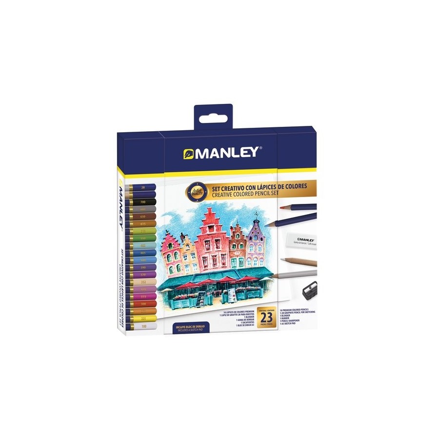 LAPICES de COLORES MANLEY SET CREATIVO DE 23
(18x lapiz color, 1x lapiz grafito, 1x blender, 1x goma, 1x afila, 1x bloc dibujo A5)