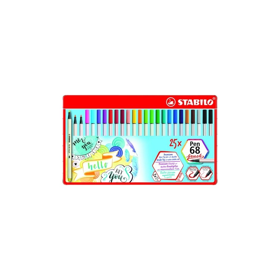 ROTULADOR FIBRA STABILO PEN 68 BRUSH PUNTA PINCEL CAJA METAL de 25