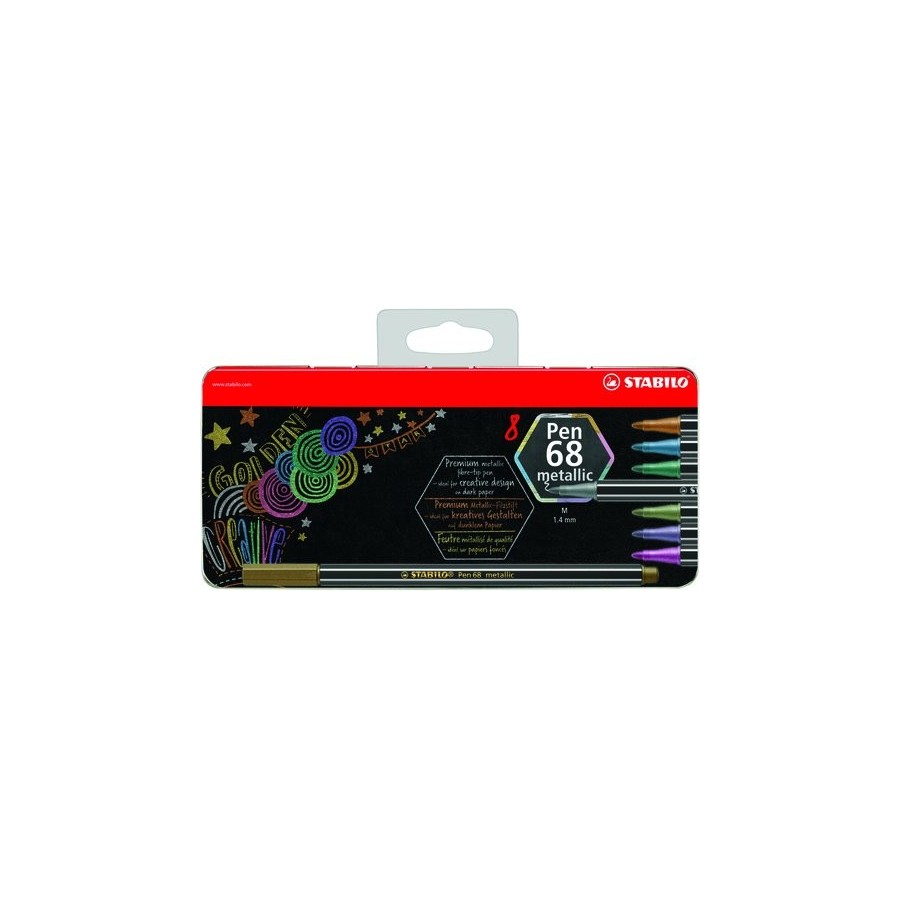 ROTULADOR FIBRA STABILO PEN 68 METALLIC ESTUCHE DE METAL DE 8
(1x Plata, 1x Cobre, 1x Dorado, 1x Azul metalico, 1x Verde metalico. 1x Rosa metalico, 1x Lila metalico, 1xVerde claro metalico)