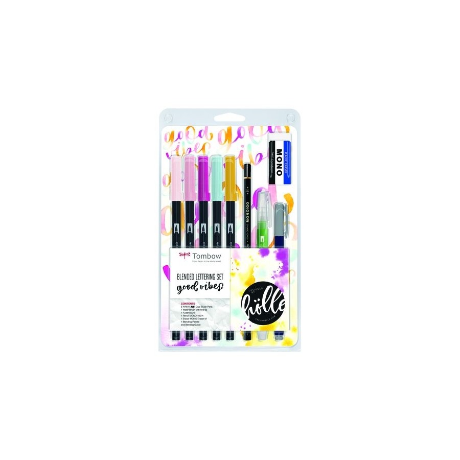 SET LETTERING TOMBOW GOOD VIVES 5 ROT. ABT DUAL BRUSH + 1 PINCEL WATER BRUSH + 1 LAPIZ GRAFITO +  1 ROT. CALIGRAFIA DURO Y BLANDO  + 1 GOMA + PALETA DE MEZCLAS Y MANUAL INSTRUCCIONES B/10