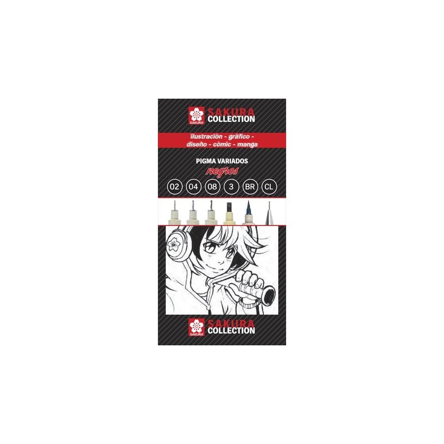 ROTULADOR CALIBRADO SAKURA MANGA e ILUSTRACION SURTIDO NEGROS CAJA de 6
(Pigma Micron 0.2,0.4,0.8 + Pigma Graphic 0.3 + Pigma Brush, Portaminas)