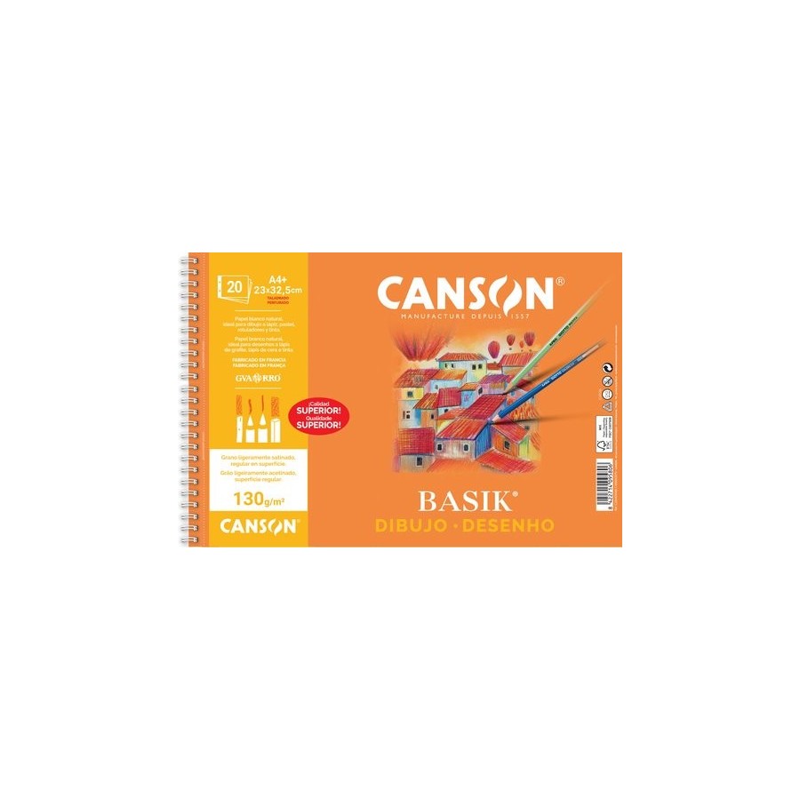 BLOC DE DIBUJO GUARRO-CANSON BASIK CON ESPIRAL LISO 2 TALADROS A4+ 130g 20h