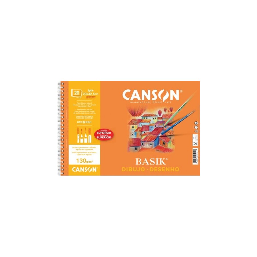 BLOC DE DIBUJO GUARRO-CANSON BASIK CON ESPIRAL LISO con RECUADRO A4+ 130g 20h