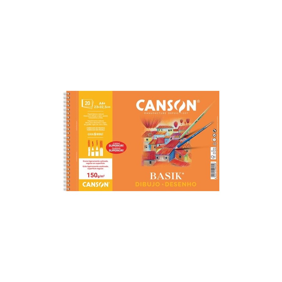 BLOC DE DIBUJO GUARRO-CANSON BASIK PREMIUM CON ESPIRAL LISO A4+ 150g 20h