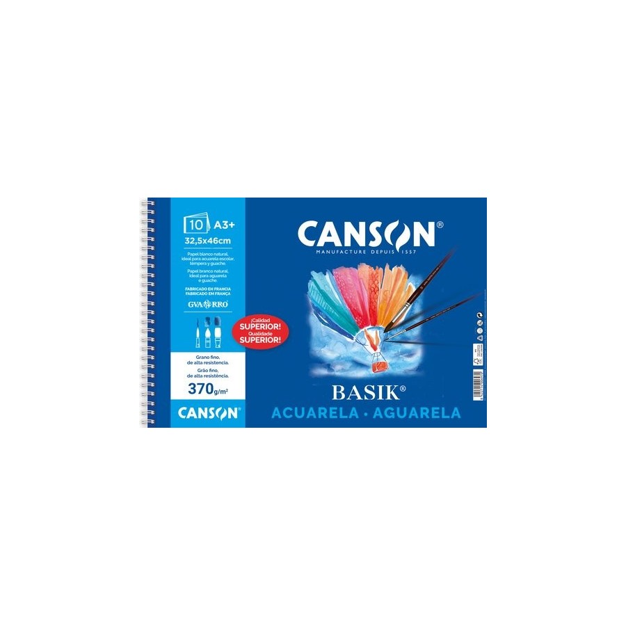 BLOC DE DIBUJO GUARRO-CANSON BASIK CON ESPIRAL ACUARELA y TEMPERA A3+ 370g 10h