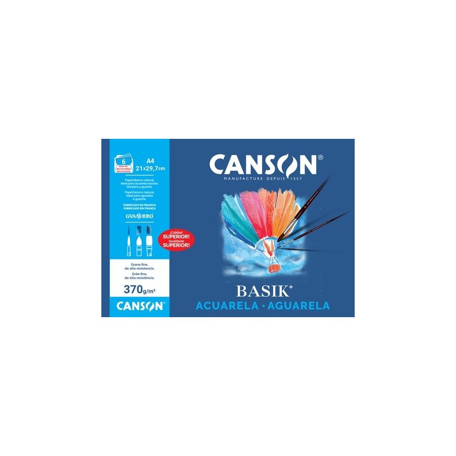 LAMINA GUARRO-CANSON ACUARELA y TEMPERA BASIK 370g MINI-PACK de 6 A4