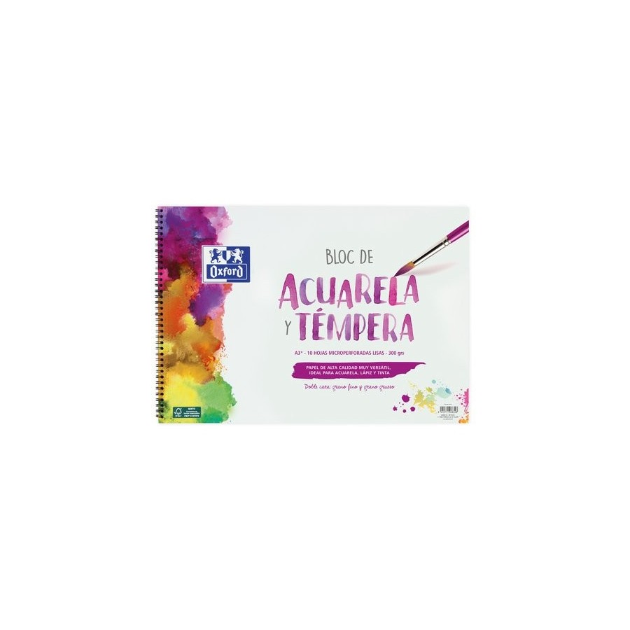BLOC DE DIBUJO OXFORD ACUARELA CON ESPIRAL DOBLE CARA GRANO FINO Y GRUESO A3+ 300g 10h
