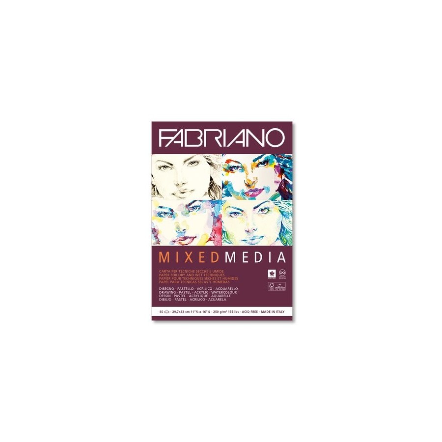 BLOC DE DIBUJO FABRIANO MIXED MEDIA ENCOLADO LISO TECNICAS MIXTAS (SECAS Y HUMEDAS) A3 250g 40h