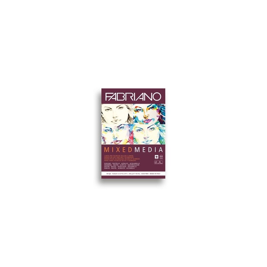 BLOC DE DIBUJO FABRIANO MIXED MEDIA ENCOLADO LISO TECNICAS MIXTAS (SECAS Y HUMEDAS) A5 250g 40h