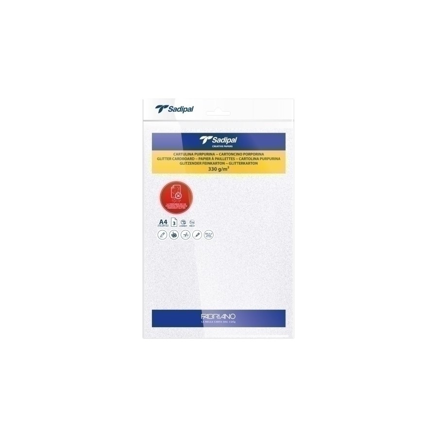 CARTULINA PURPURINA A4 SADIPAL 330g BLANCO PAQUETE de 3