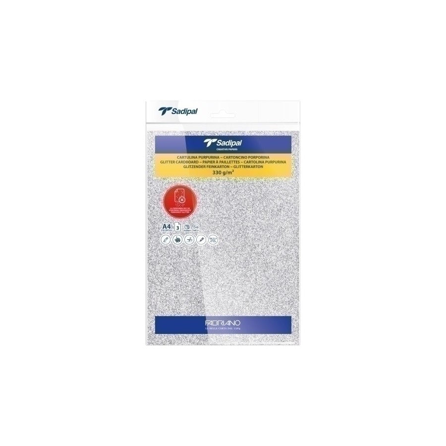 CARTULINA PURPURINA A4 SADIPAL 330g PLATA PAQUETE de 3