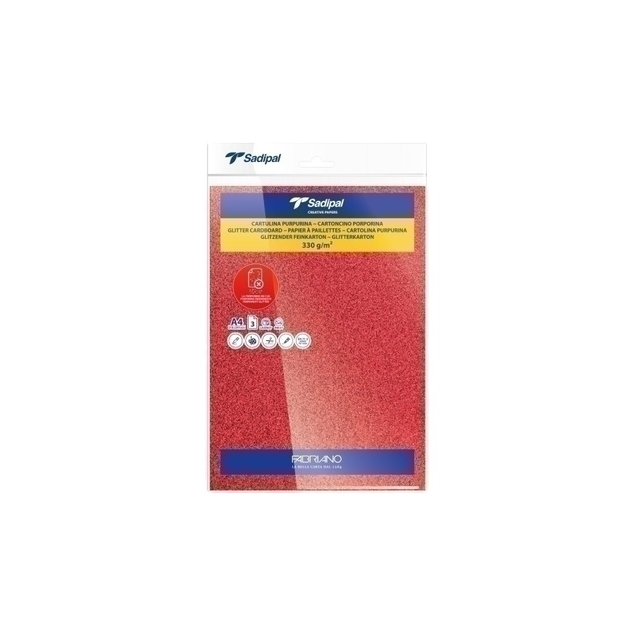 CARTULINA PURPURINA A4 SADIPAL 330g ROJO PAQUETE de 3