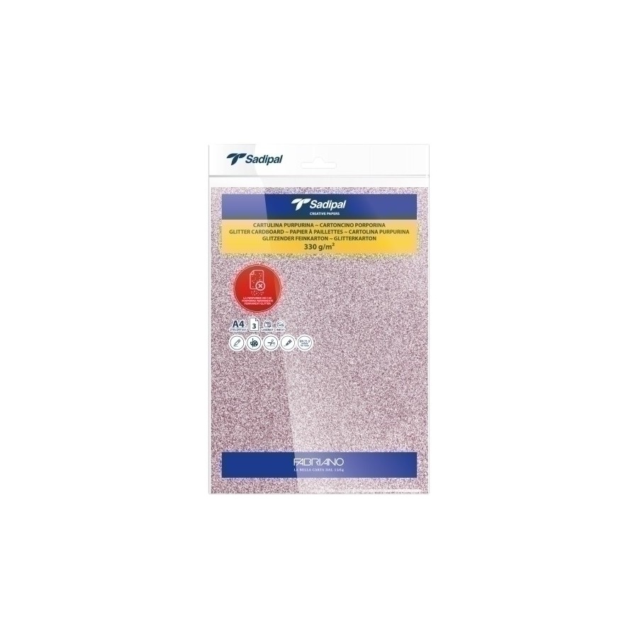 CARTULINA PURPURINA A4 SADIPAL 330g ROSA PAQUETE de 3