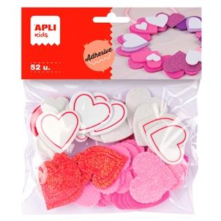 GOMA EVA APLI FORMAS ADHESIVAS con PURPURINA CORAZONES BOLSA de 52