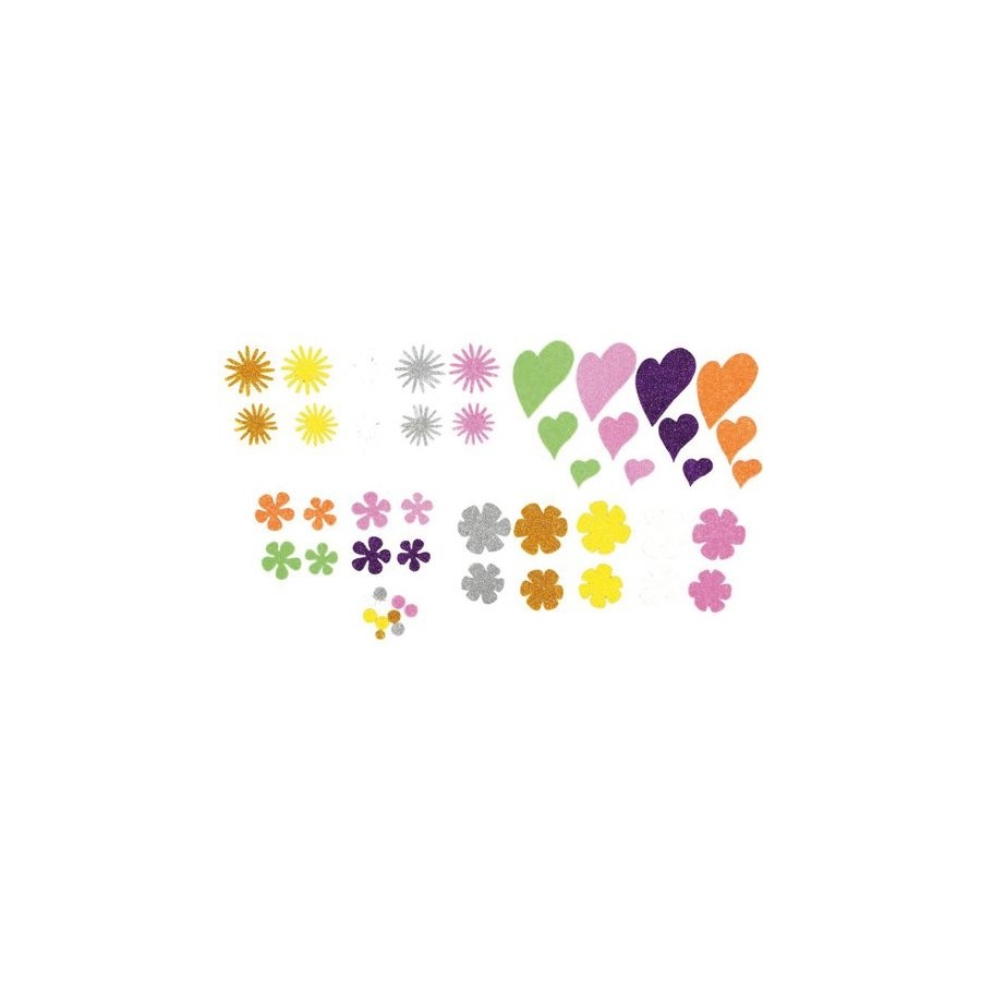 GOMA EVA FIXO KIDS ADHESIVA con PURPURINA FLORES Y CORAZONES PACK 64 FIGURAS