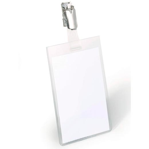FUNDA DISTINTIVO DURABLE 8002 con PINZA 90x60mm TRANSPARENTE PAQUETE de 25