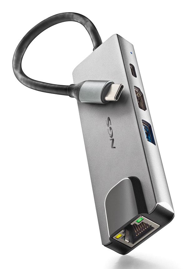 ADAPTADOR MULTIPUERTO USB-C DE ALUMINIO 4 EN 1 (1x USB 3.0, 1x HDMI 4K, 1x USB-C carga, 1x RJ45)