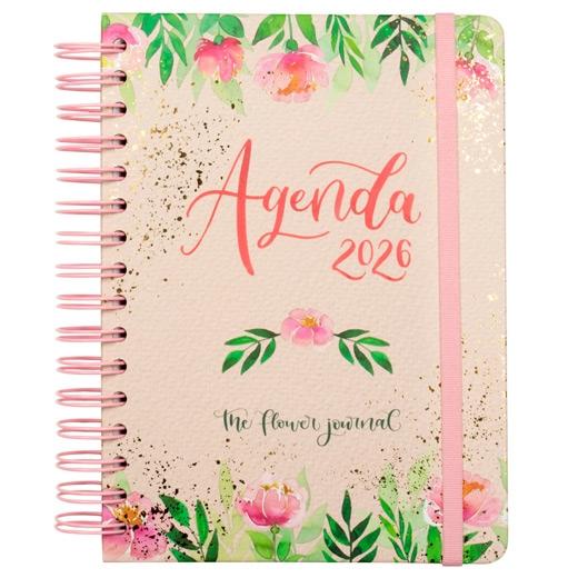 AGENDA ANUAL (2026) FINOCAM FLOWER JOURNAL WIRE-O tapa EXTRA con GOMA E10 155x212 D/P ROSA