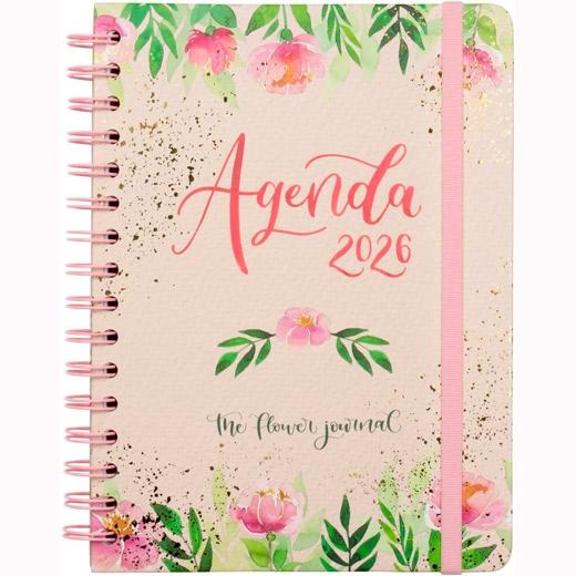 AGENDA ANUAL (2026) FINOCAM FLOWER JOURNAL WIRE-O tapa EXTRA con GOMA E10 155x212 S/V APAIS. ROSA