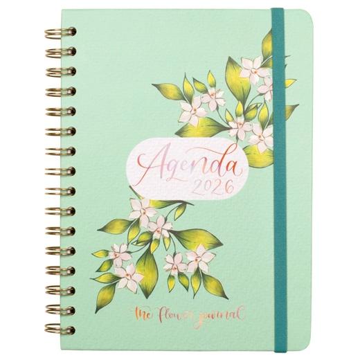 AGENDA ANUAL (2026) FINOCAM FLOWER JOURNAL WIRE-O tapa EXTRA con GOMA E10 155x212 S/V APAIS. VERDE