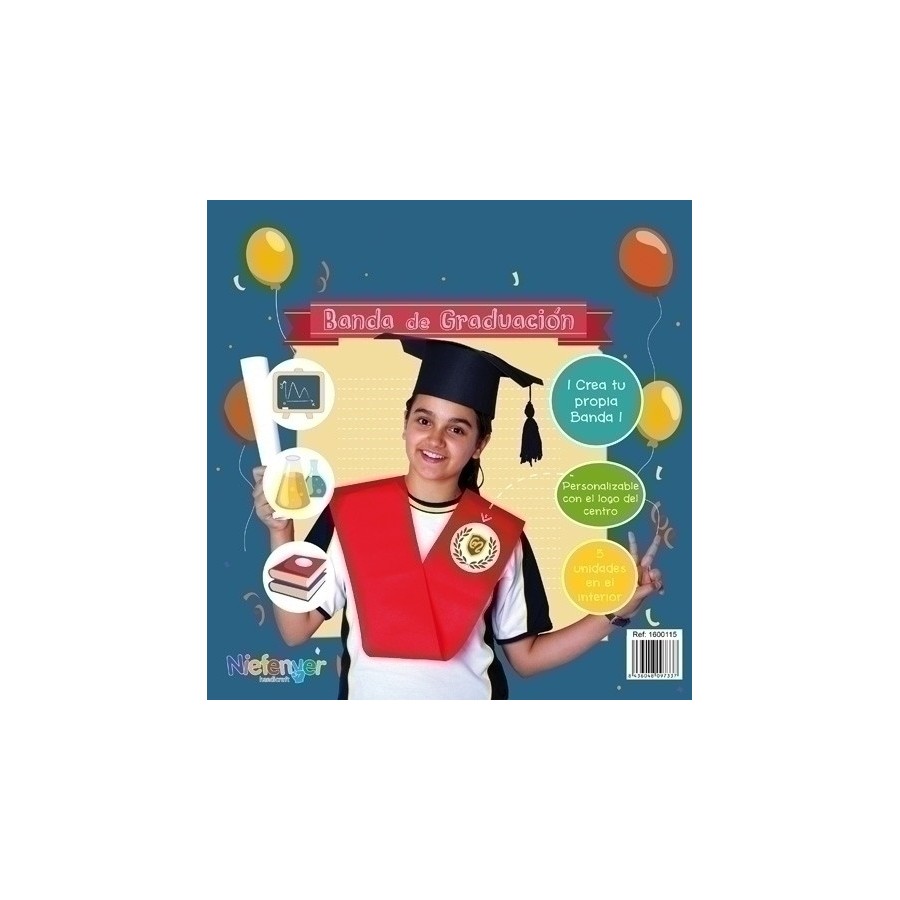 BANDA GRADUACION NIEFENVER ROJA POLITEXTIL BOLSA de 5 UNIDADES
(incluye adhesivo para personalizar el logo del centro)