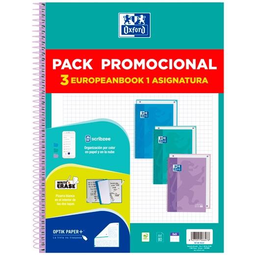 BLOC OXFORD EUROPEANBOOK 1 TOUCH micro.tapa EXTRA A4 80h CUAD. 5x5 PACK de 3 (3 col. PASTEL)