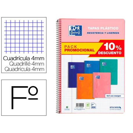 BLOC OXFORD SCHOOL CLASSIC tapa PP Fº 80h CUADRIC.4x4 90g PACK 5 (col. tendencia)