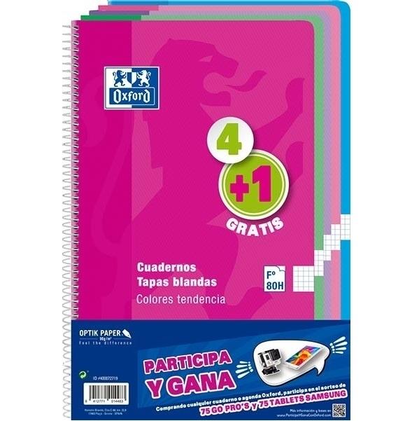 BLOC OXFORD SCHOOL tapa BLANDA Fº 80h CUADRIC.4x4 PACK 4+1 (col. Tendencia)