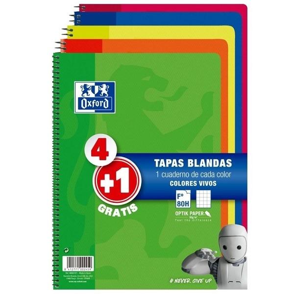 BLOC OXFORD SCHOOL tapa BLANDA Fº 80h CUADRIC.4x4 PACK 4+1 (col. vivos)