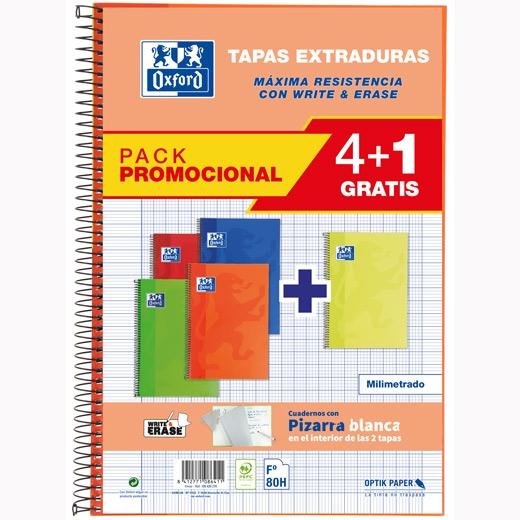 BLOC OXFORD SCHOOL tapa EXTRA Fº 80h MILIMETRADO 90g PACK 4+1 (col. vivos)