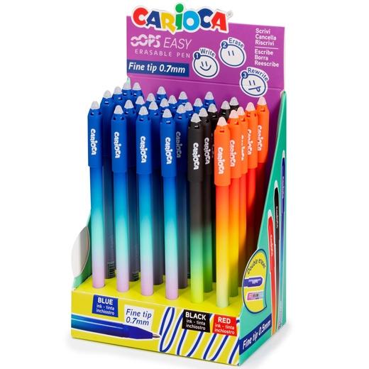 BOLIGRAFO CARIOCA OOPS EASY BORRABLE 0,7mm EXPOSITOR de 30 (AZUL, NEGRO Y ROJO)