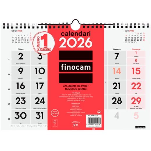 CALENDARI (2026) CATALAN FINOCAM PARET MENSUAL NUMEROS GRANS M 300x210