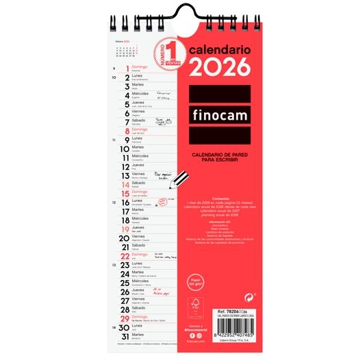 CALENDARIO (2026) FINOCAM PARED MENSUAL PARA ESCRIBIR LARGO S 110x235