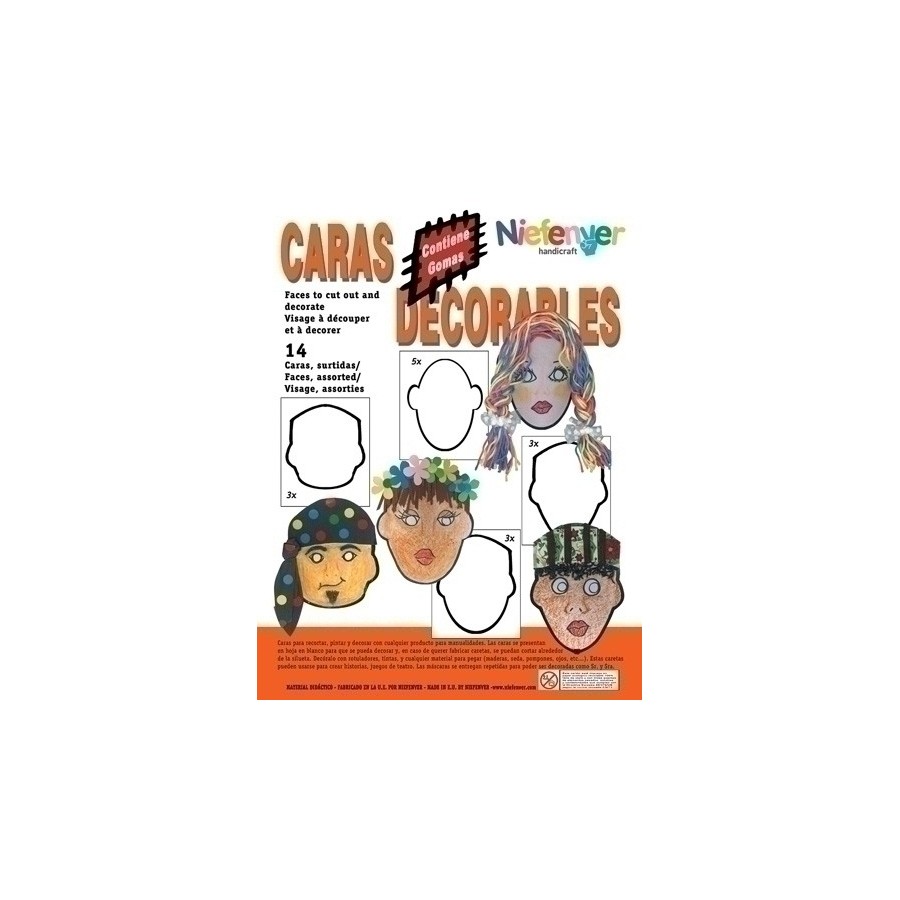 CARETA CARTULINA  para RECORTAR Y DECORAR CARAS NIEFENVER PACK de 14