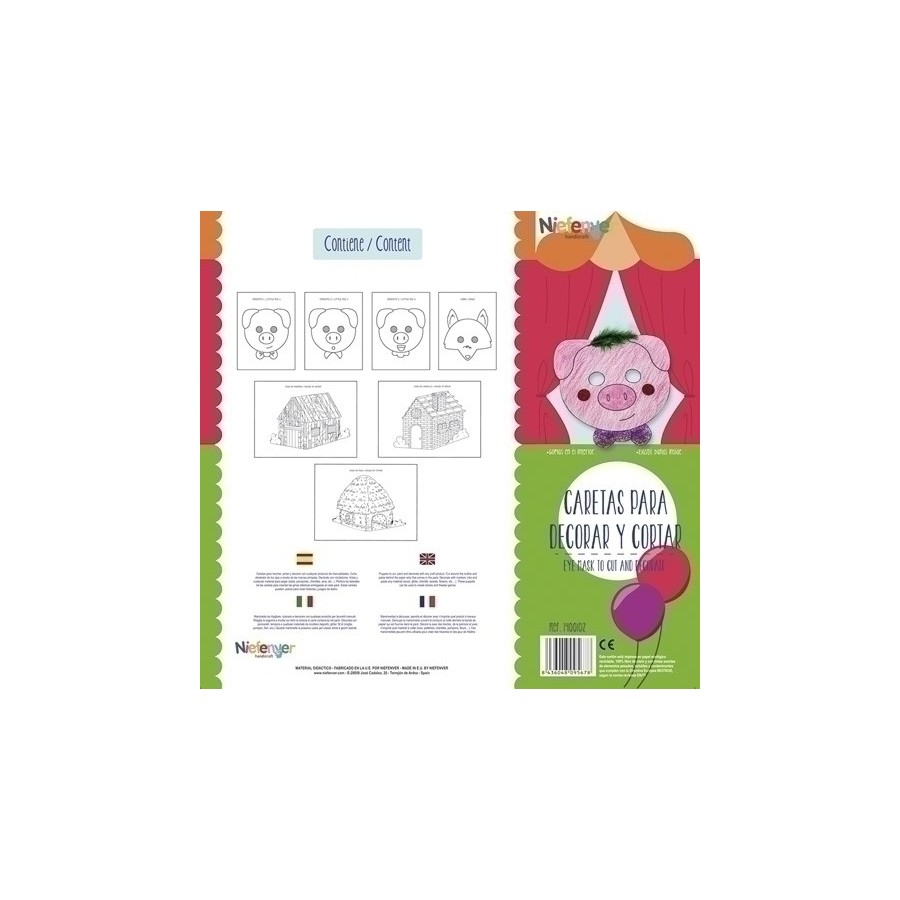 CARETA CARTULINA 300 gr. para RECORTAR Y DECORAR LOS 3 CERDITOS PACK de 7
