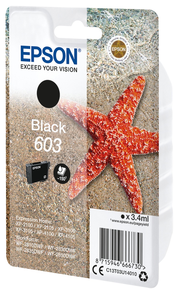 CARTUCHO INKJET EPSON T03U140 Nº603 EXPRESSION HOME XP-2100/3100/4100 WF-2830DWF/2850DWF NEGRO 3,4ML