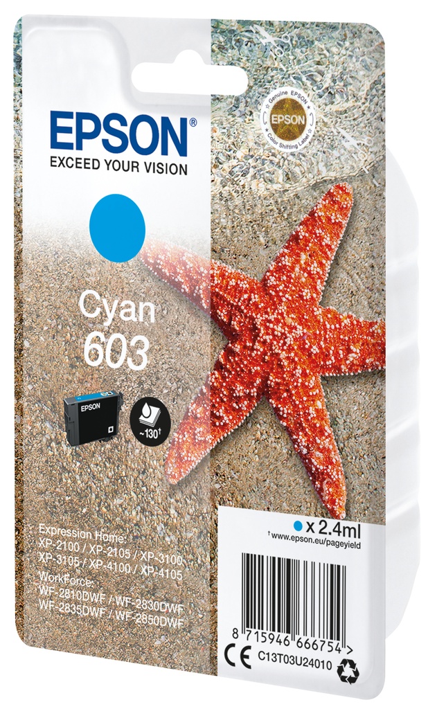 CARTUCHO INKJET EPSON T03U240 Nº603 EXPRESSION HOME XP-2100/3100/4100 WF-2830DWF/2850DWF CIAN 2,4ML