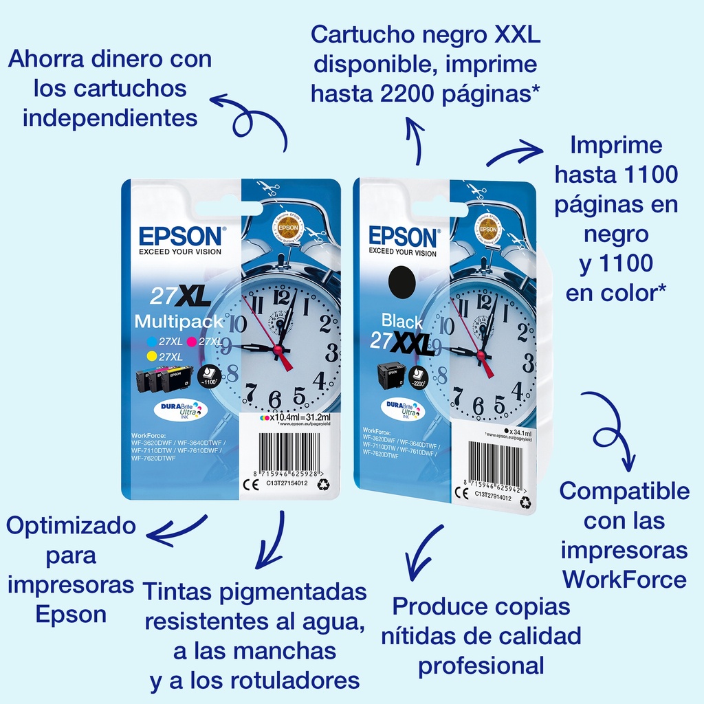 CARTUCHO INKJET EPSON T270140 Nº27 WORKFORCE WF-3620DWF/3620DWF/3640DTWF/7110DTW/7610DWF/7620DTWF NEGRO 6,2ML