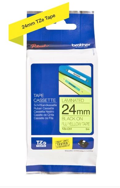 CINTA de ROTULAR BROTHER LAMINADA 5m 24mm NEGRO sobre AMARILLO FLUOR