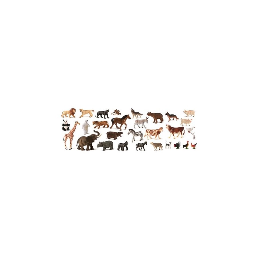 CONTENEDOR 30 FIGURAS ANIMALES DE LA GRANJA Y SALVAJES.