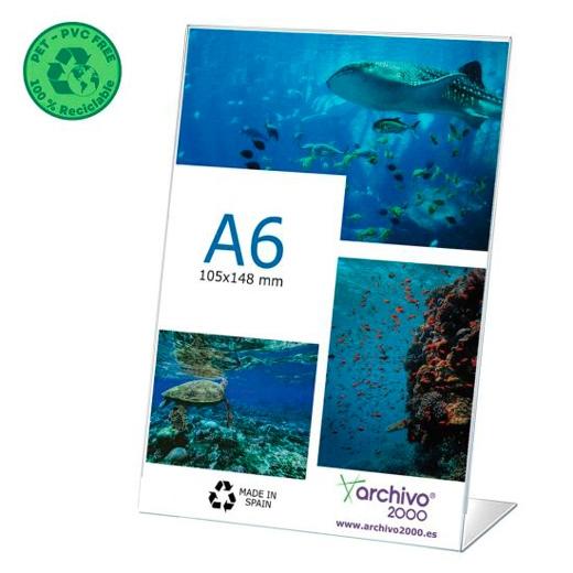 EXPOSITOR SOBREMESA A.2000 EN FORMA DE L A6 VERTICAL FLEXIBLE CRISTAL PACK de 10