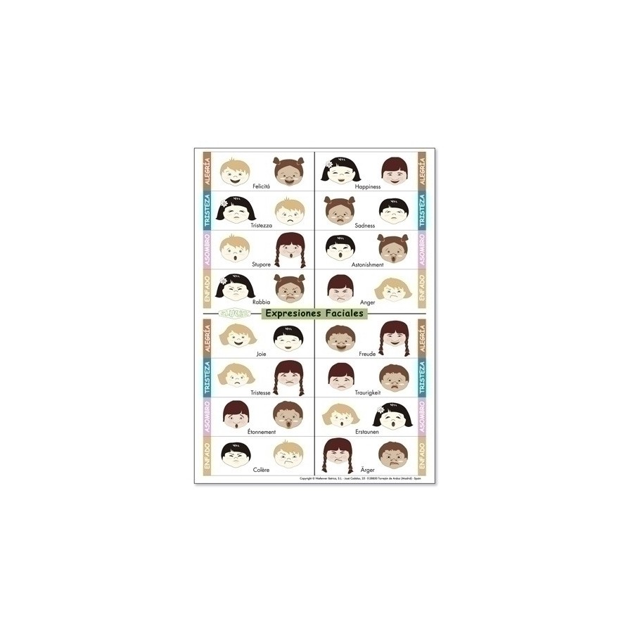 FICHAS  KLUGER EXPRESIONES FACIALES en varios idiomas PACK DE 5