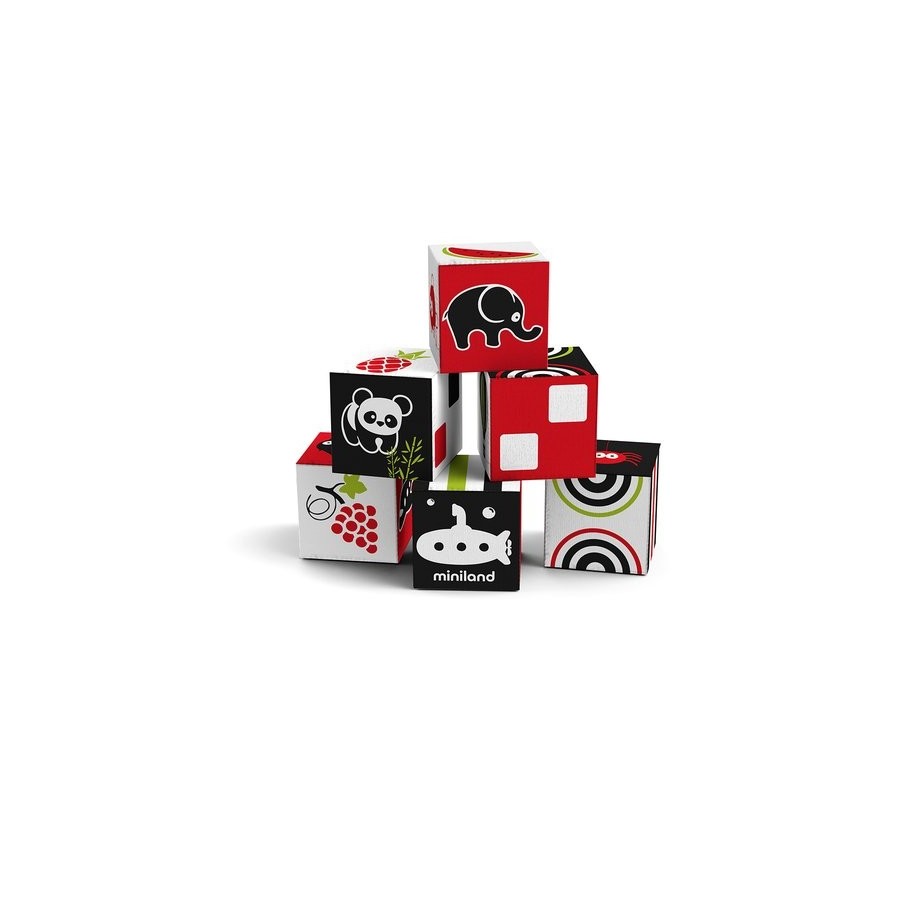 JUEGO MINILAND FIRST SENSES SET 6 CUBOS APLIABLES TEXTURA ESPONJOSA Y CON SONAJERO (0-18 MESES)