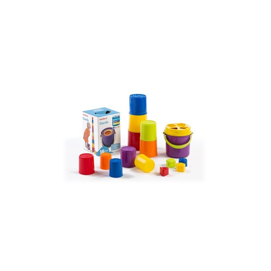JUEGO MINILAND GIANTTE:CUBO+ VASITOS APILABLES (10 vasos, 4 formas, 1 cubo y 1 tapa 95 cm.)
