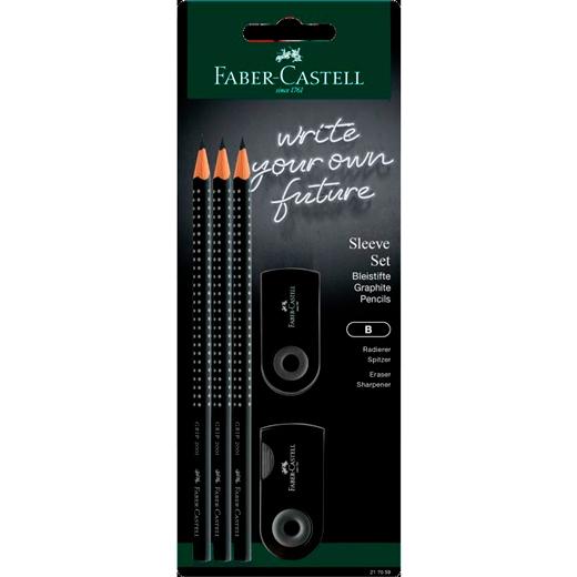 LAPIZ de GRAFITO FABER-CASTELL GRIP - B SET SLEEVE
(3 lapices GRIP B + 1 afila SLEEVE + 1 goma SLEEVE)