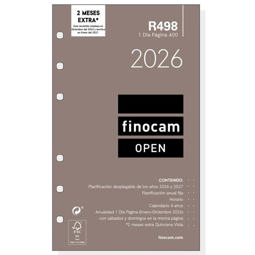 RECAMBIO AGENDA ANUAL (2026) FINOCAM R498 OPEN 400 91x152 ANUALIDAD D/P