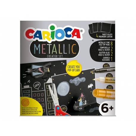 SET CARIOCA METALLIC POP UP CREATOR 17 pcs
4x HOJAS PREMIUM NEGRAS
8x ROTULADORES METALLIC
2x TEMPERELLO ORO&PLATA
2x GLITTER ORO&PLATA
1x TIJERA